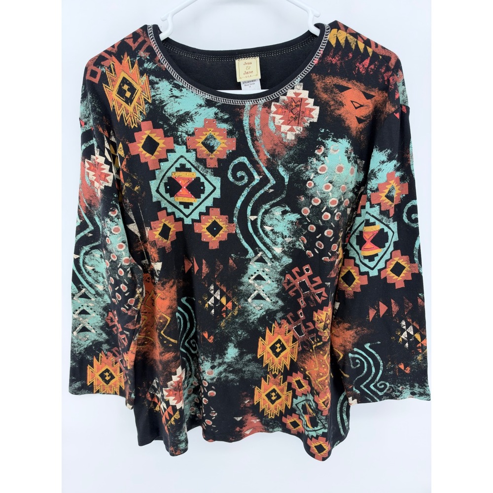 Jess & Jane Mesa Verde Top Black Teal Southwestern Geometric Rhinestone Women 1X